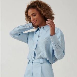 XS Western Boyfriend Shirt in Sky Blue. THE BRIGHT SIDE by Rocky Barnes.